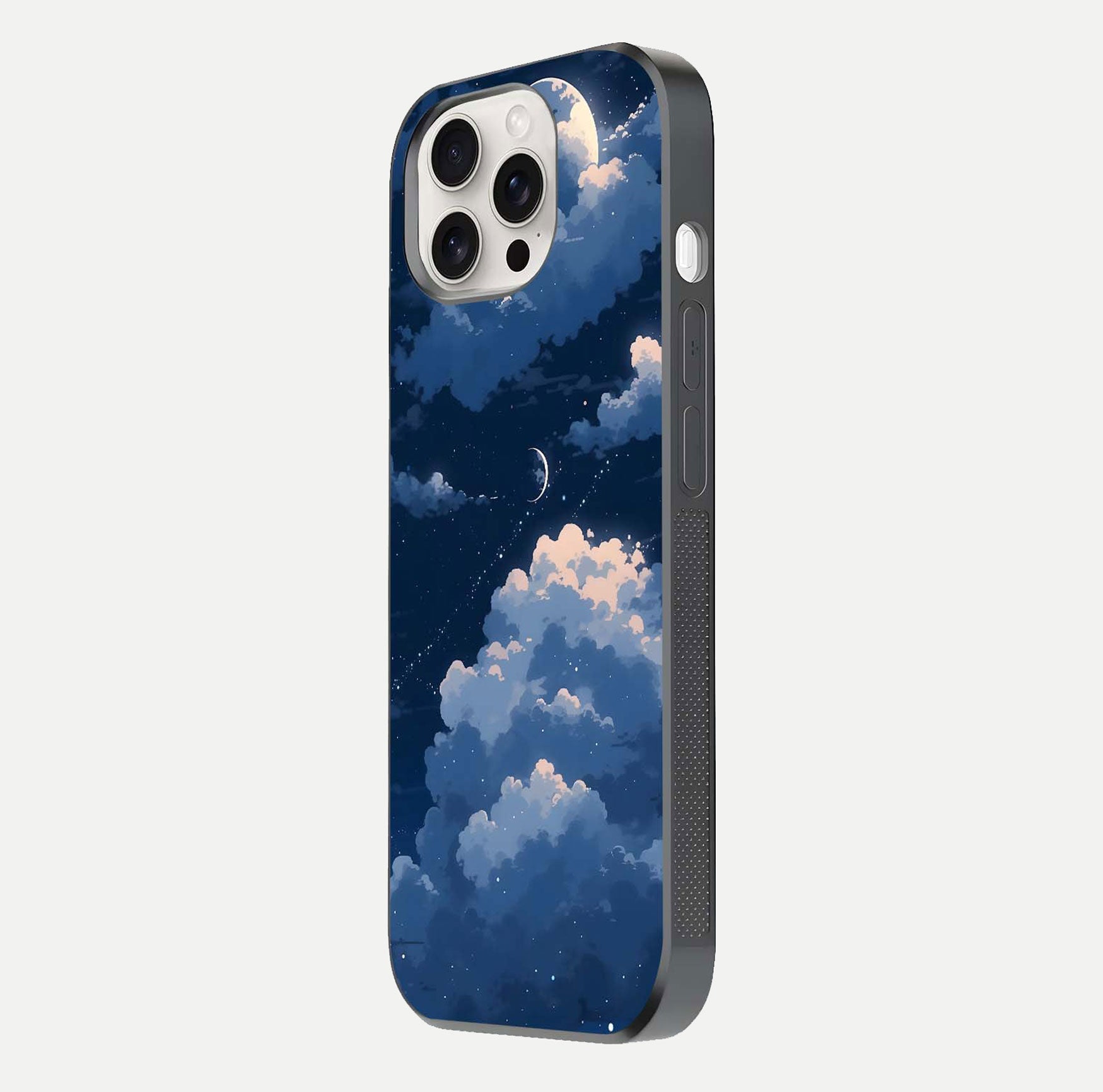 Moon Dream Haze Glass Case for iPhone 15 Pro Max side-angle image showing HD reflection and moonlight detailing