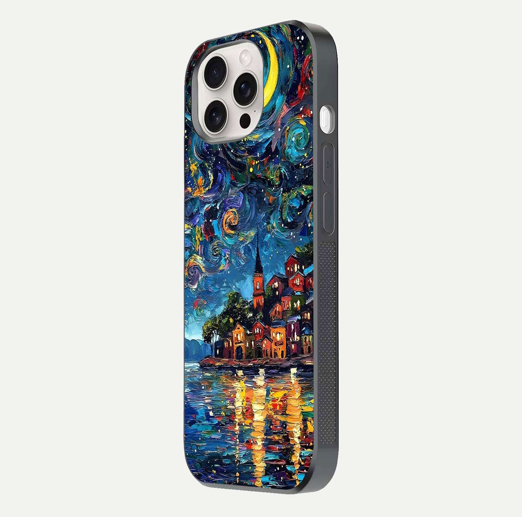 Moonlight Harbor Glow Glass Case for iPhone 15 Pro Max side-angle image showing reflective surface and ocean tones