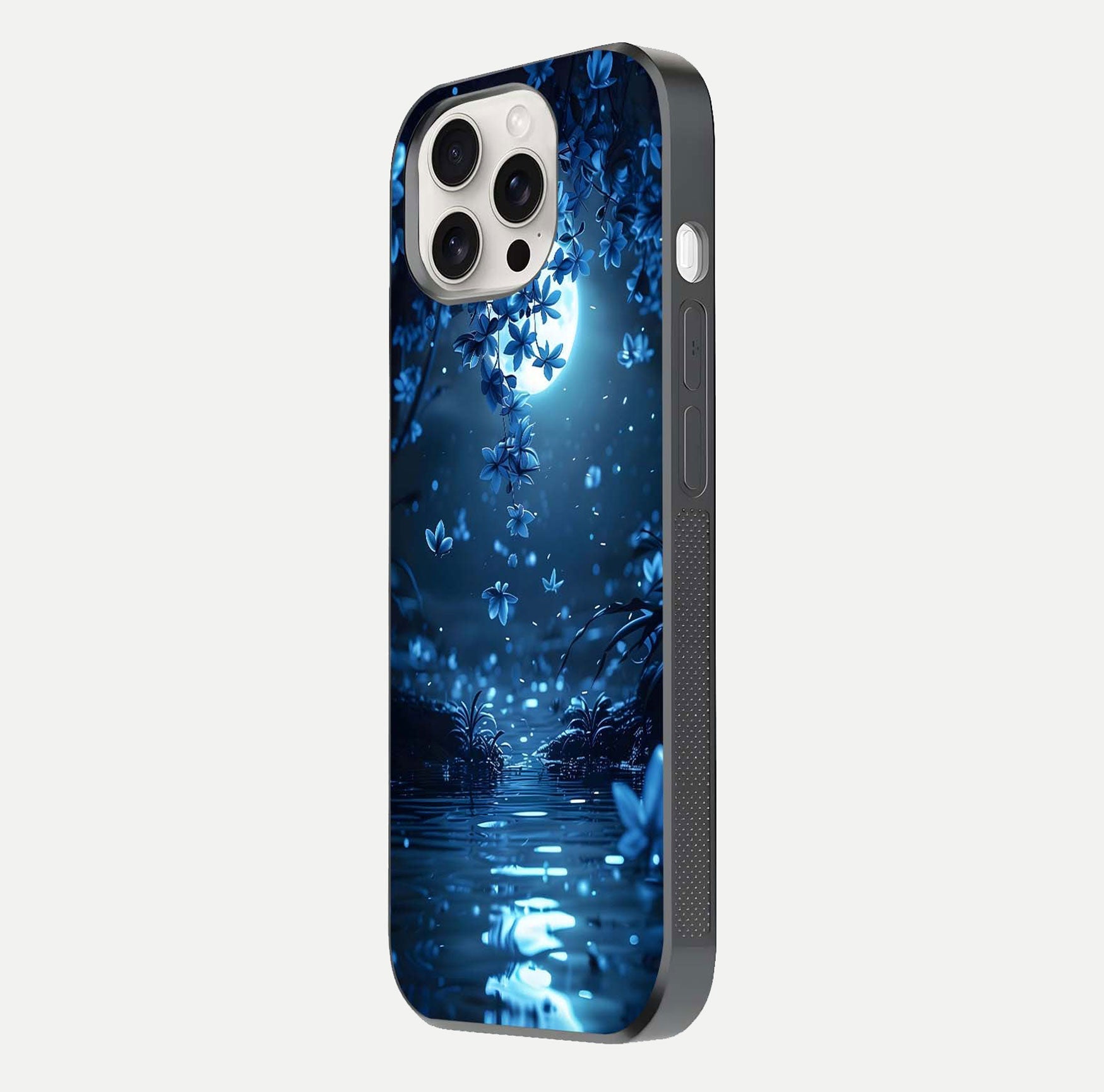 Moonlight Petal Dream Glass Case for iPhone 15 Pro Max side-angle image showing reflection and petal detail