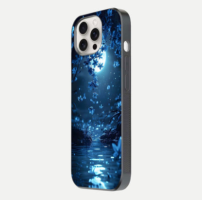 Moonlight Petal Dream Glass Case for iPhone 15 Pro Max side-angle image showing reflection and petal detail