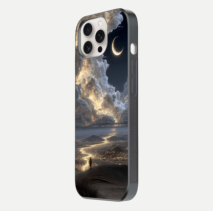 Moonlight Spark Path Glass Case for iPhone 15 Pro Max side-angle image showing reflection and moonlit detail