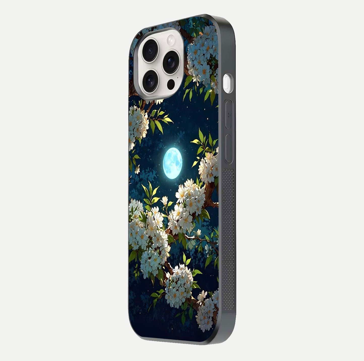 Moonlit Blossom Dream Glass Case for iPhone 15 Pro Max side-angle image showing shine depth and flower glow