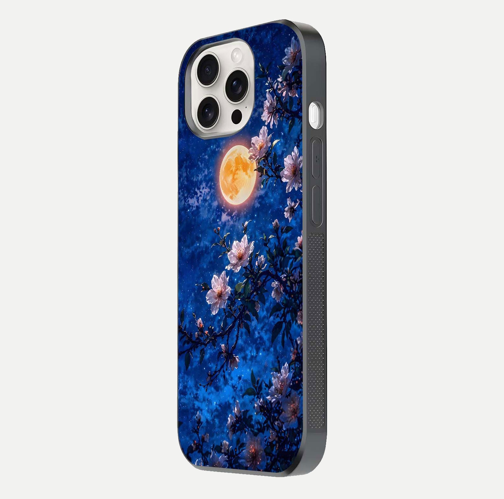 Moonlit Blossoms Night Glass Case for iPhone 15 Pro Max side-angle image revealing shine and night bloom texture