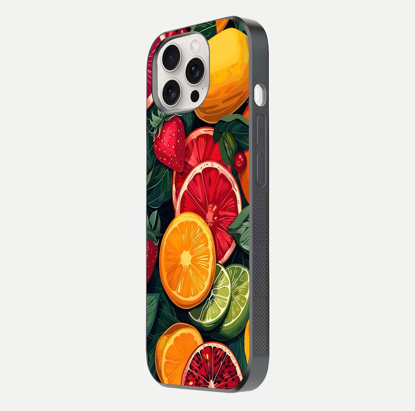 Multiple Fruits Glass Case for iPhone 15 Pro Max side-angle image showing glossy surface and vivid fruit pattern