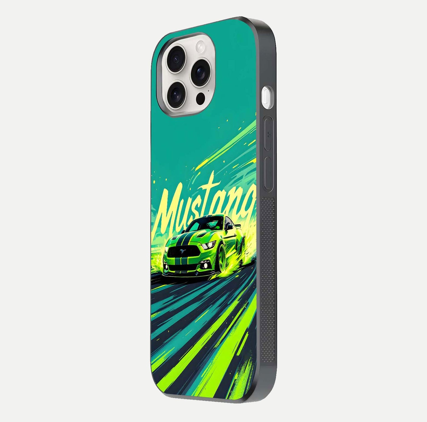 Mustang Bang Glass Case for iPhone 15 Pro Max side-angle image showing reflection clarity and bold car artwork