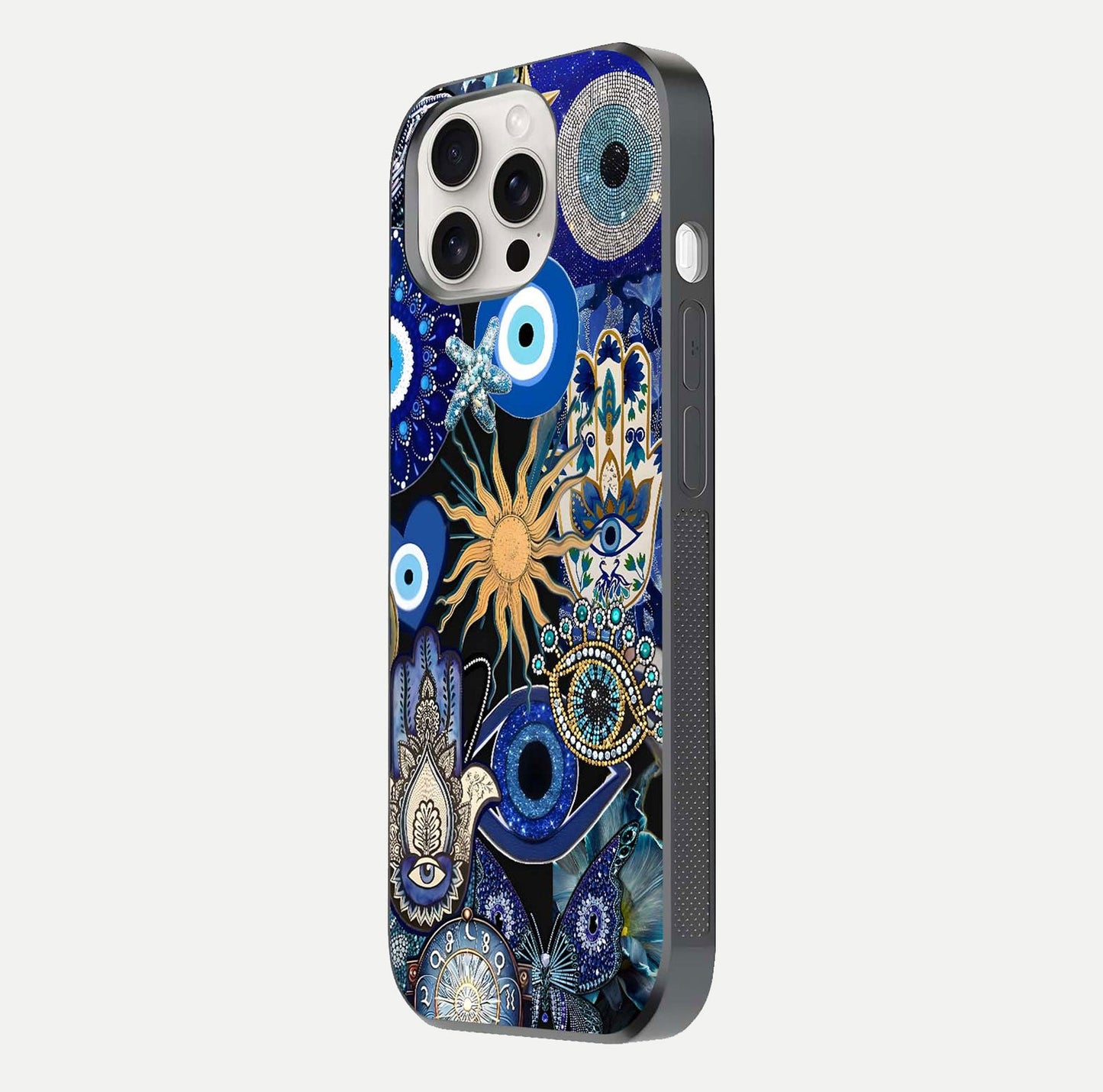 Mystic Blue Evil Eye Glass Case for iPhone 15 Pro Max side-angle image showing smooth gloss and charm design