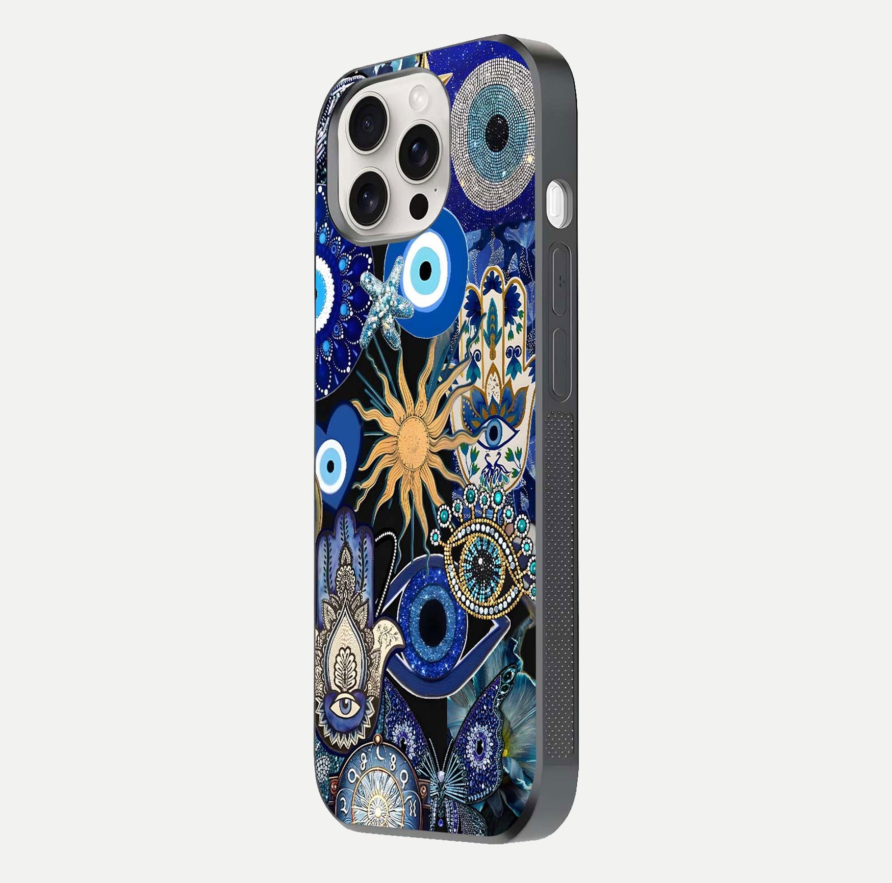 Mystic Blue Evil Eye Glass Case for iPhone 15 Pro Max side-angle image showing smooth gloss and charm design