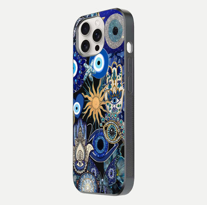 Mystic Blue Evil Eye Glass Case for iPhone 15 Pro Max side-angle image showing smooth gloss and charm design
