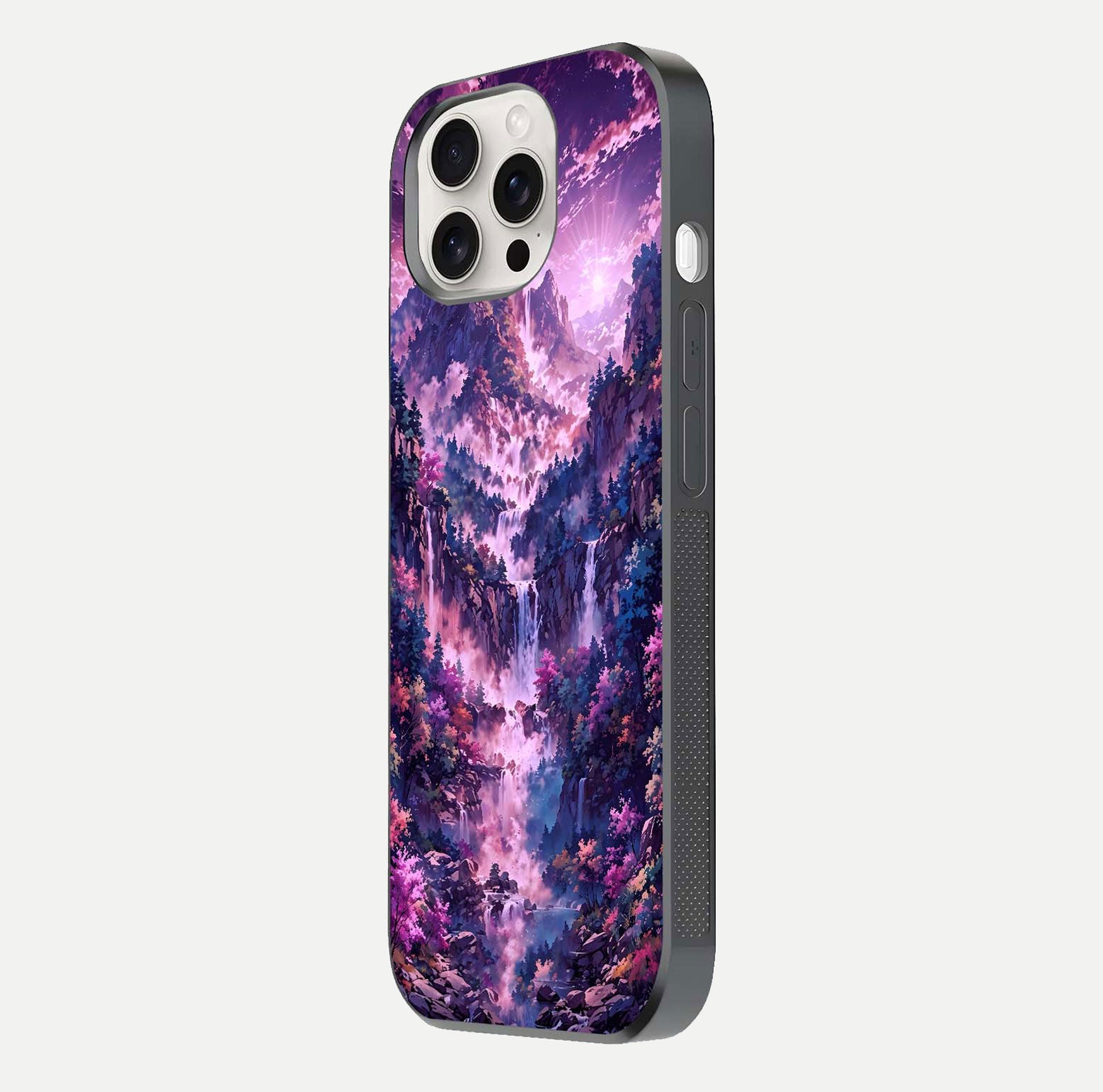 Mystic Cascade Peaks Glass Case for iPhone 15 Pro Max side-angle image showing reflection and scenic art clarity