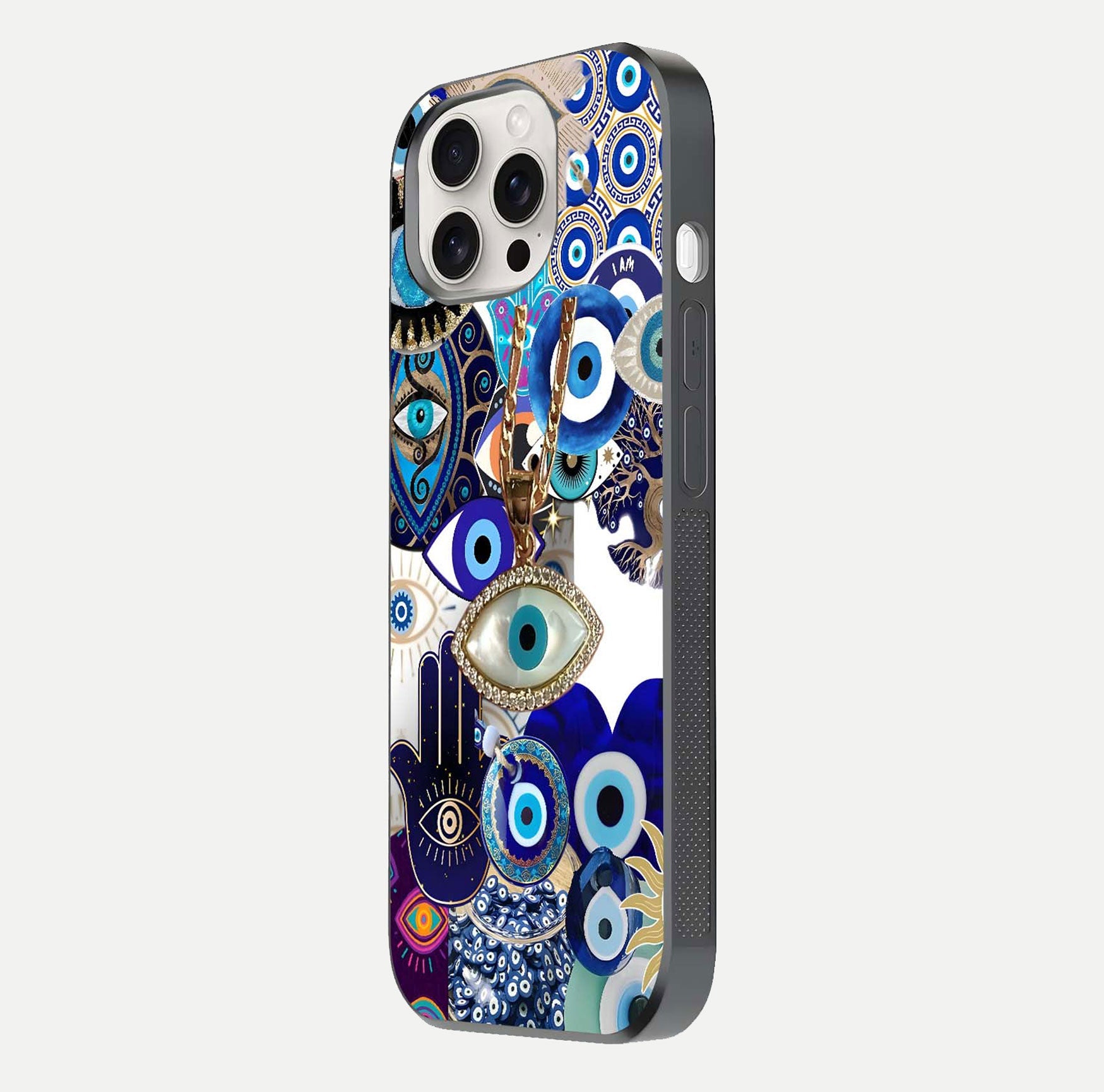 Mystic Charm Eye Glass Case for iPhone 15 Pro Max side-angle image showing HD reflection and sacred tone