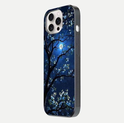 Mystic Floral Night Glass Case for iPhone 15 Pro Max side-angle image showing gloss surface and midnight floral tones