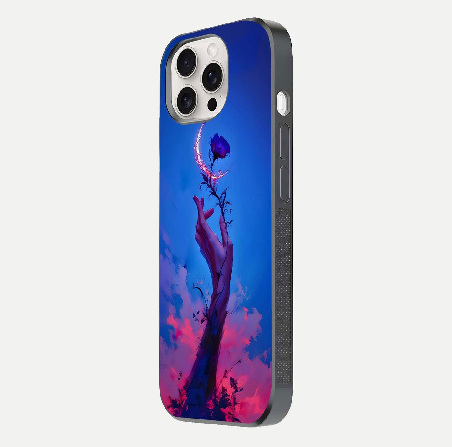 Mystic Hand Glass Case for iPhone 15 Pro Max side-angle image showing reflection depth and sacred aesthetic