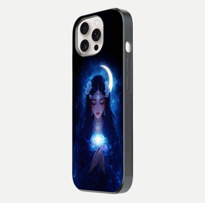 Mystic Moon Queen Glass Case for iPhone 15 Pro Max side-angle image showing reflection and celestial details