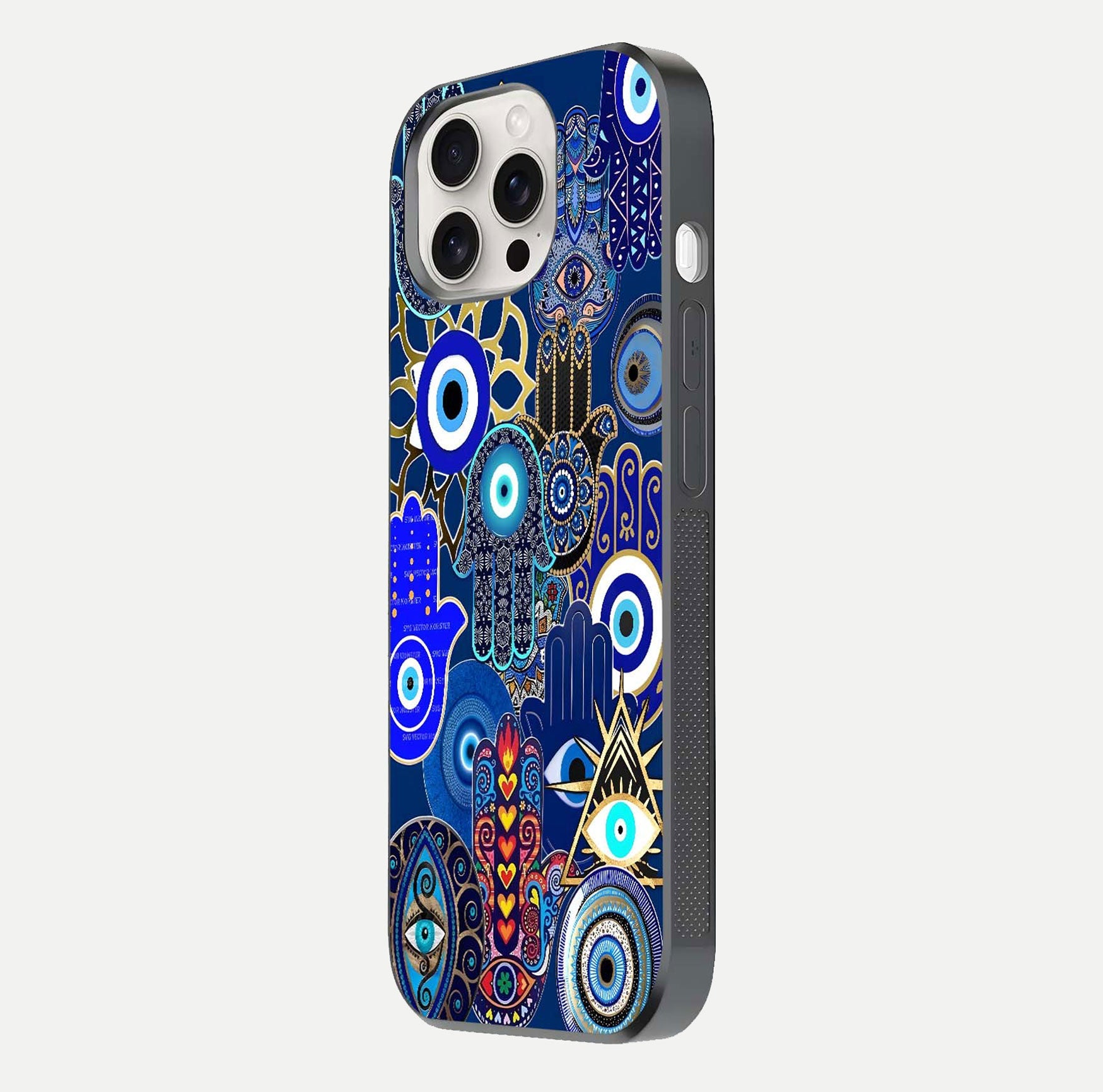 Mystic Palm Guard Glass Case for iPhone 15 Pro Max side-angle image showing shine depth and sacred motif