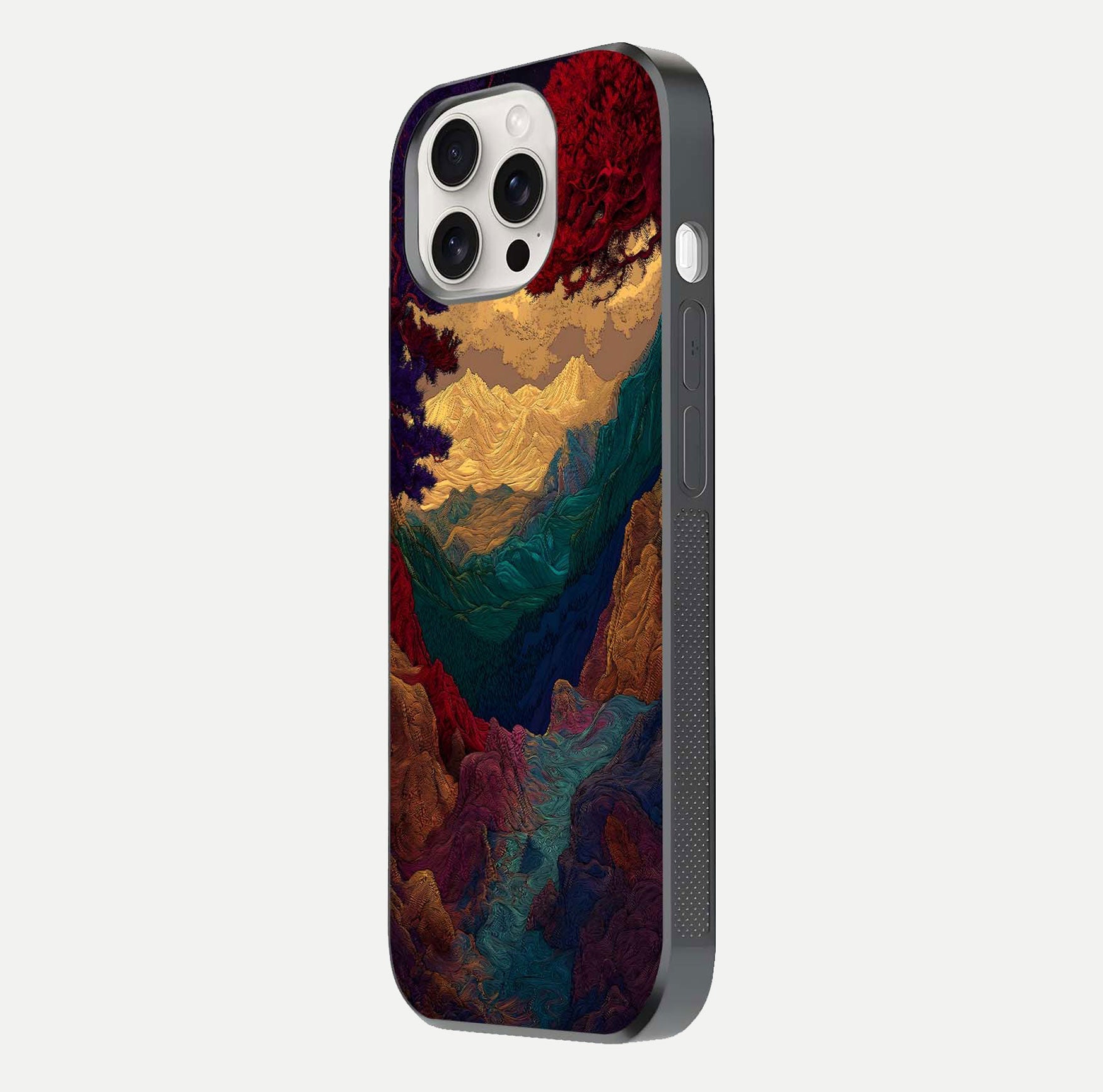 Mystic Valley Light Glass Case for iPhone 15 Pro Max side-angle image showing shine and peaceful hues