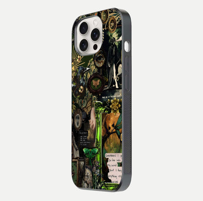 Mystic Woods Secret Glass Case for iPhone 15 Pro Max side-angle image showing gloss reflection and forest pattern