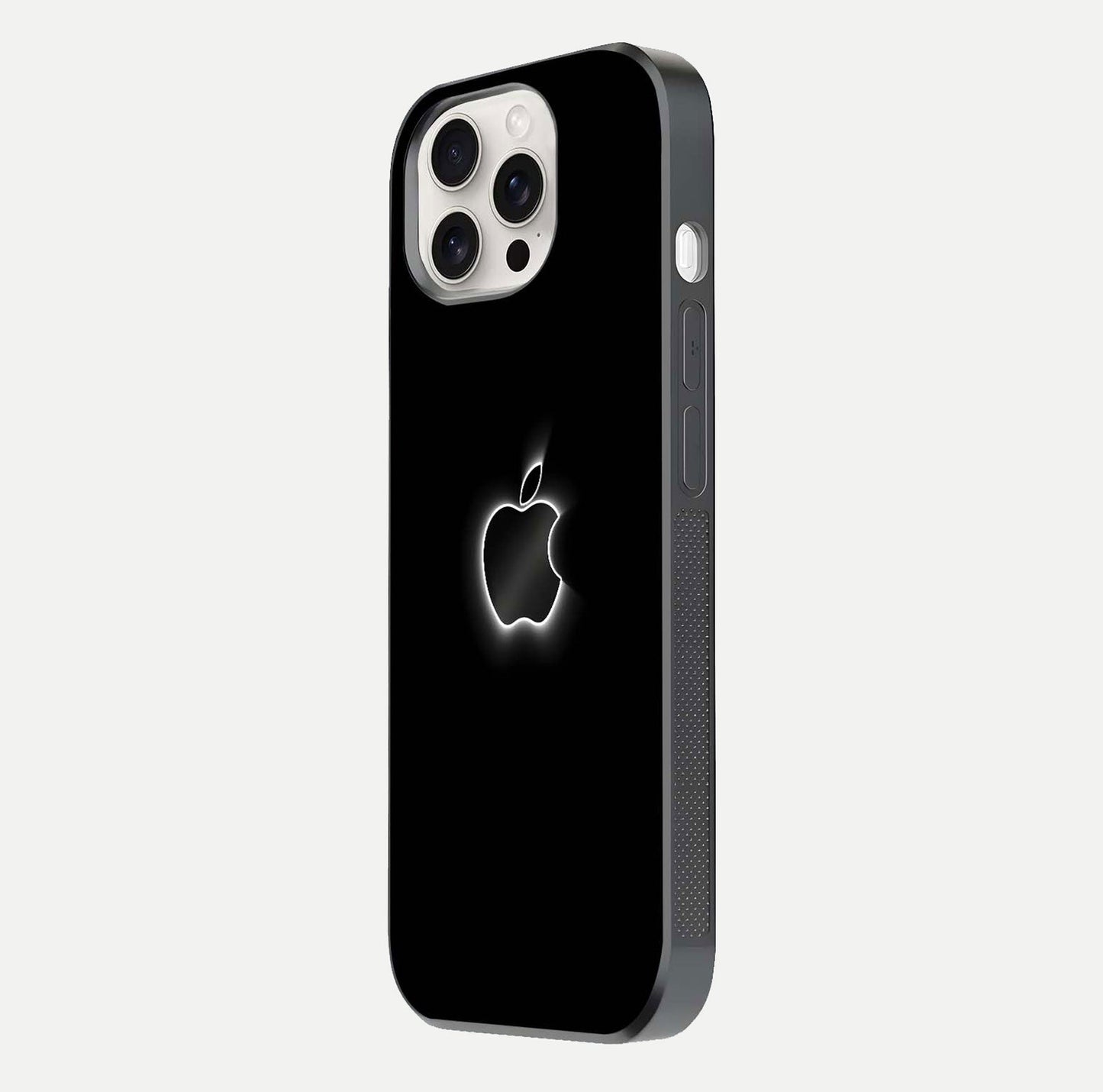 Neon Apple Glow Glass Case for iPhone 15 Pro Max side-angle image showing light reflection and glow effect