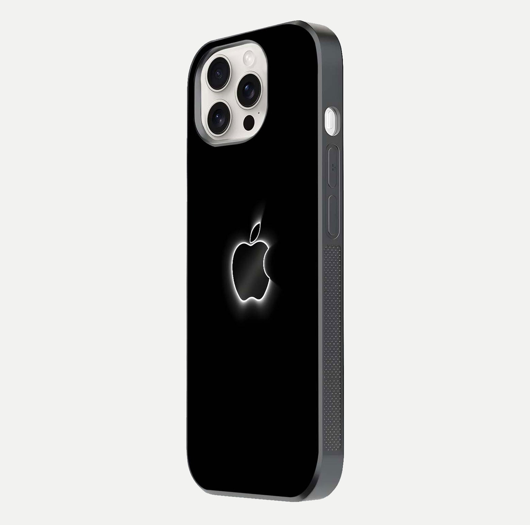 Neon Apple Glow Glass Case for iPhone 15 Pro Max side-angle image showing light reflection and glow effect