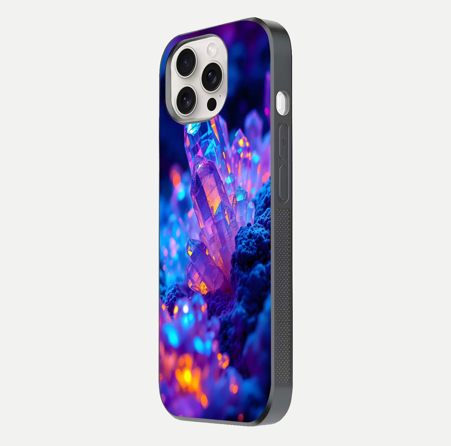 Neon Aura Shards Glass Case for iPhone 15 Pro Max side-angle image showing light depth and glossy contrast