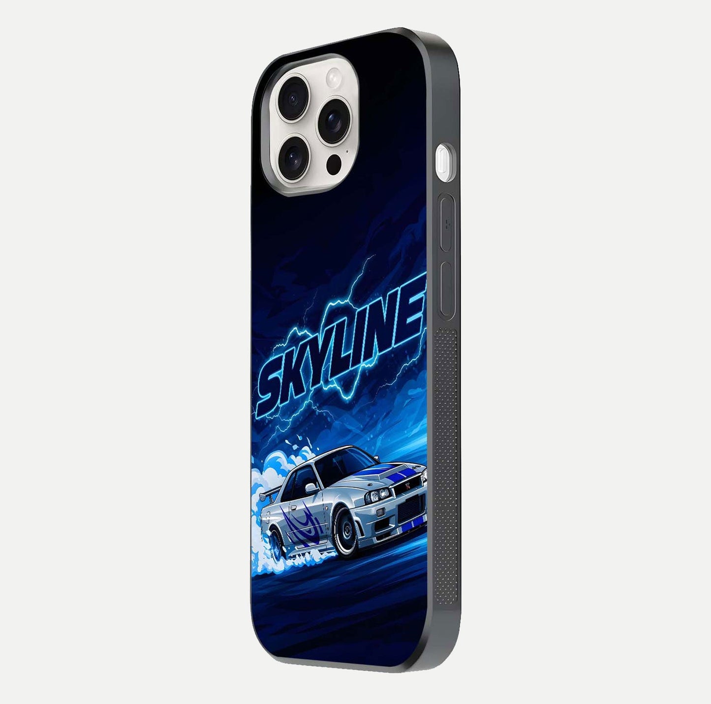 Neon Drift Beast Glass Case for iPhone 15 Pro Max side-angle image showing reflection depth and bold neon tones