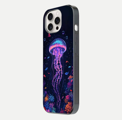 Neon Jellyfish Glass Case for iPhone 15 Pro Max side-angle image showing reflection and oceanic light detailing