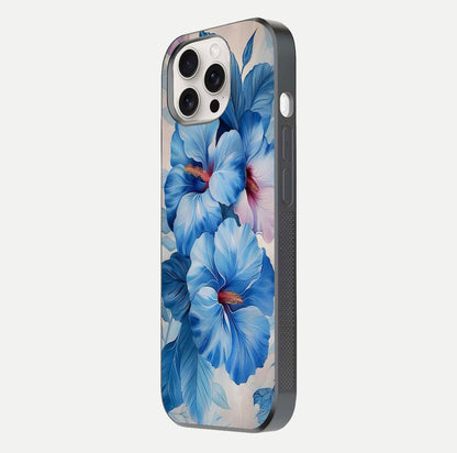 Ocean Hibiscus Grace Glass Case for iPhone 15 Pro Max side-angle image showing smooth texture and hibiscus details