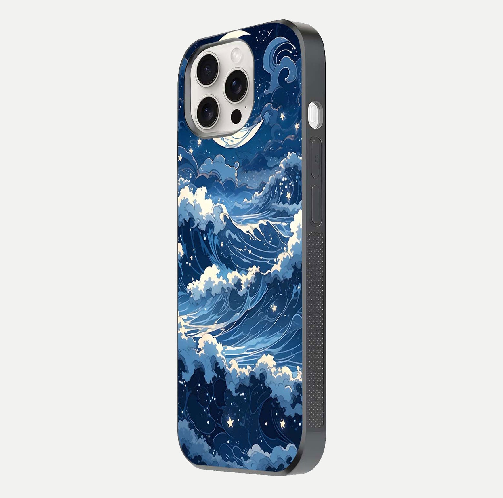 Ocean Moon Waves Glass Case for iPhone 15 Pro Max side-angle image showing shine and ocean gradient tones