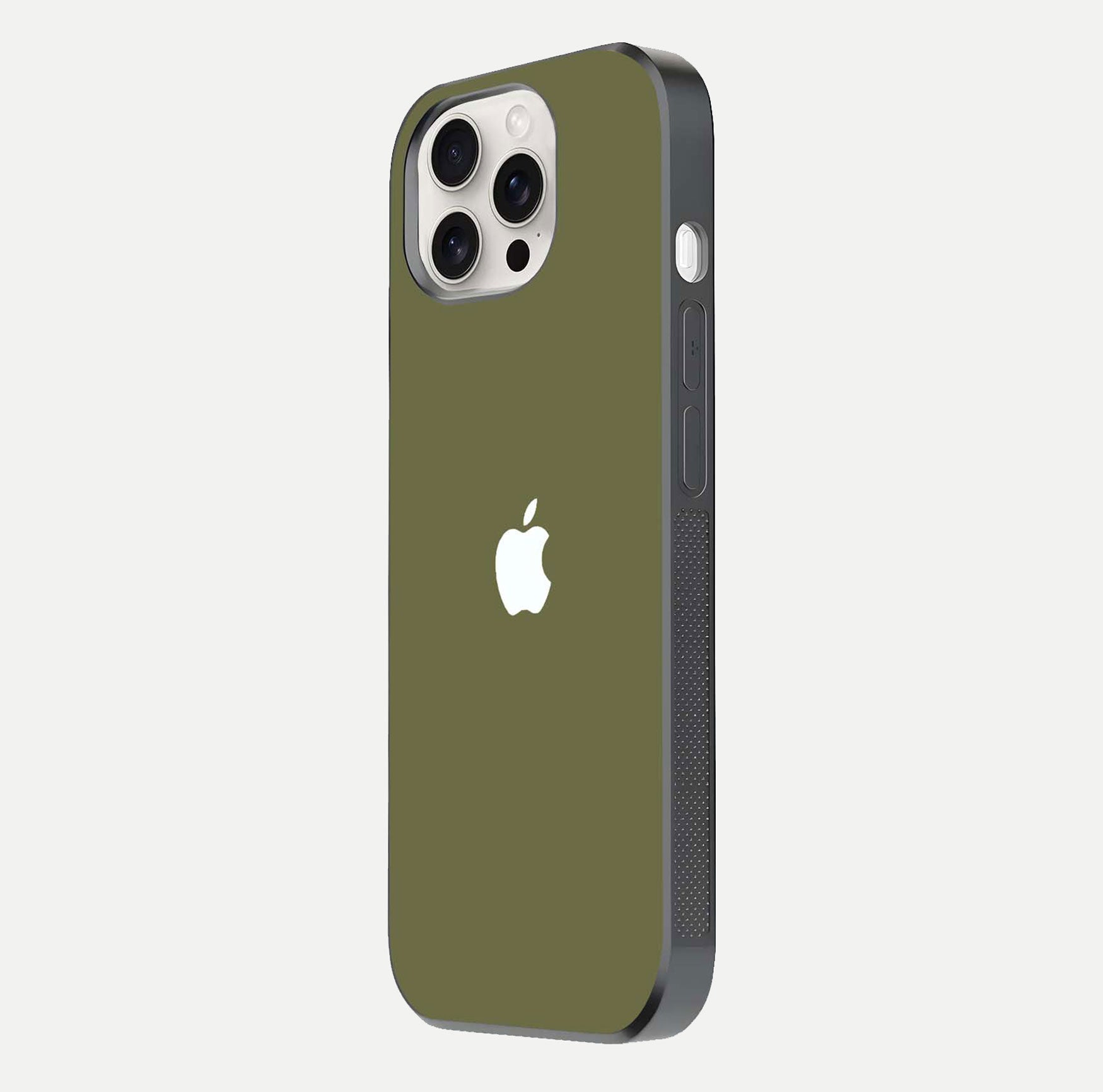 Olive Matte Essence Glass Case for iPhone 15 Pro Max side-angle image showing soft hue and elegant smooth surface