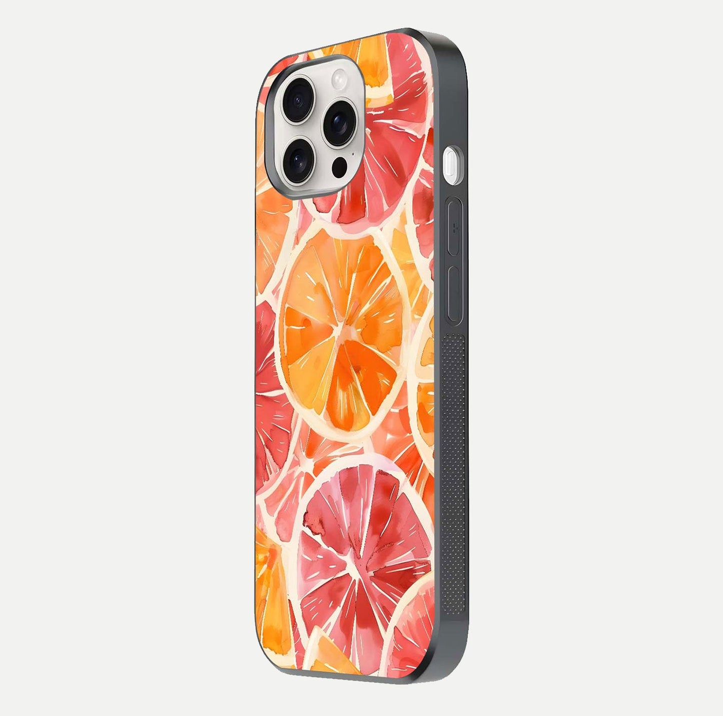 Orange Fruits Pattern Glass Case for iPhone 15 Pro Max side-angle image showing glossy shine and citrus pattern