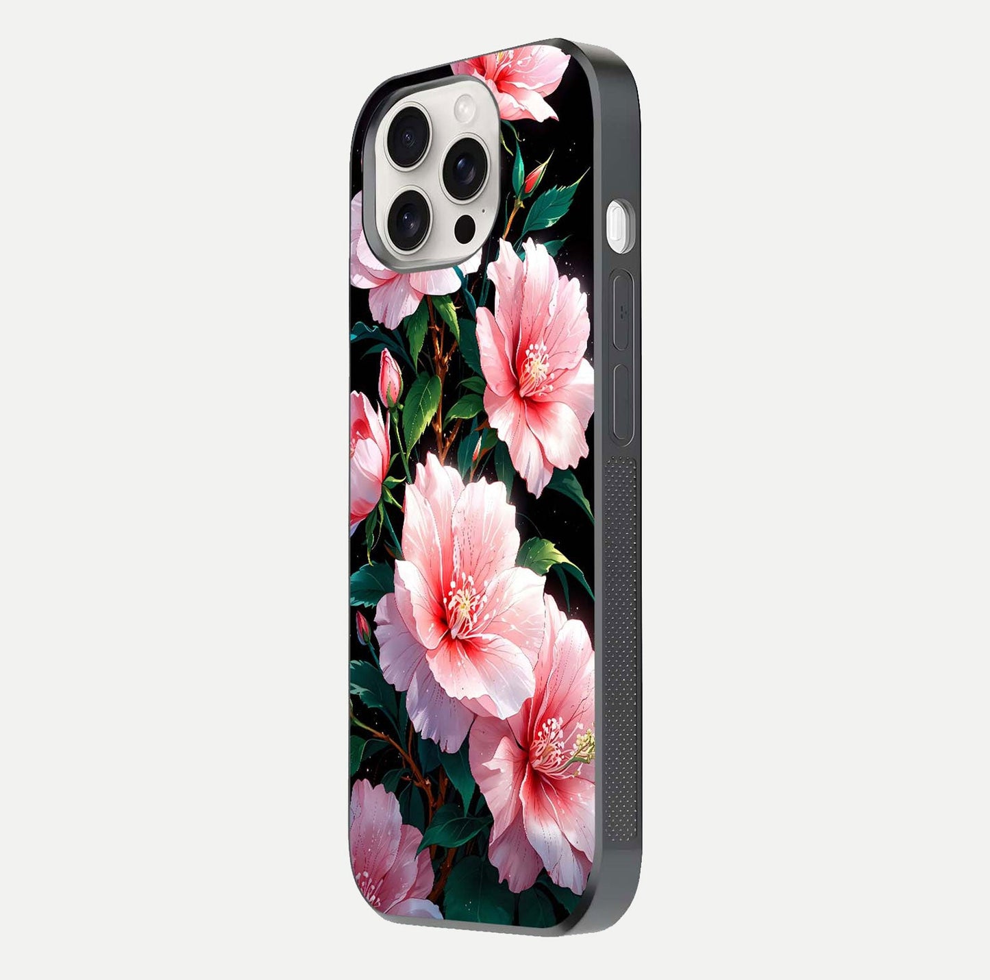 Peach Flower Glass Case for iPhone 15 Pro Max side-angle image showing gloss depth and peach blossom detail