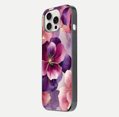 Pink Bouquet Florals Glass Case for iPhone 15 Pro Max side-angle image showing floral texture and reflection clarity