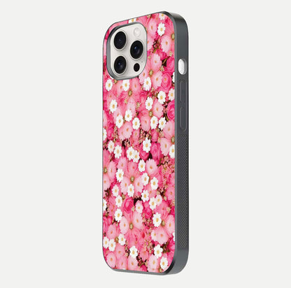 Pink Daisy Bliss Glass Case for iPhone 15 Pro Max side-angle image showing delicate daisy pattern and glass reflection