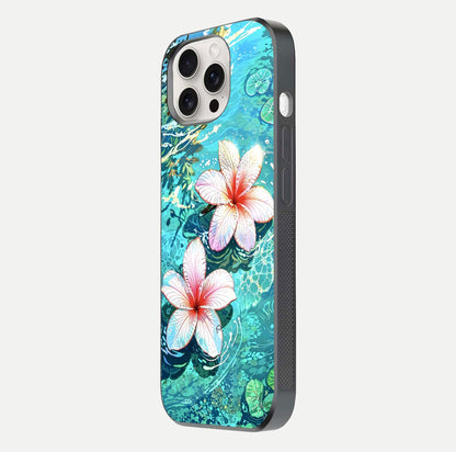 Pink Flowers in Water Glass Case for iPhone 15 Pro Max side-angle image showing reflection and depth of detail