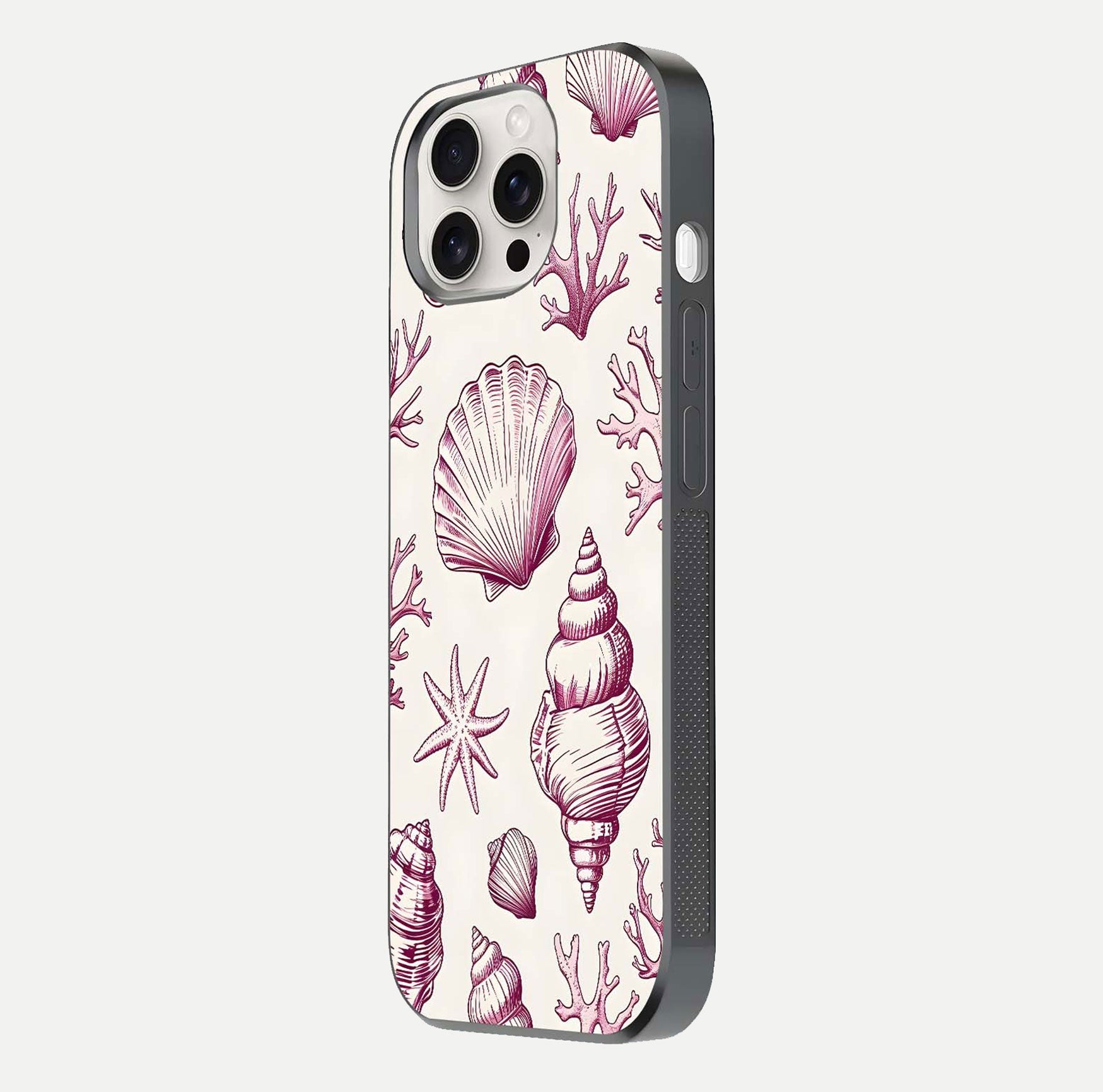 Pink Shells Outline Glass Case for iPhone 15 Pro Max side-angle image showing shine and intricate outline texture