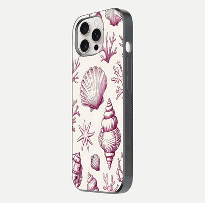 Pink Shells Outline Glass Case for iPhone 15 Pro Max side-angle image showing shine and intricate outline texture