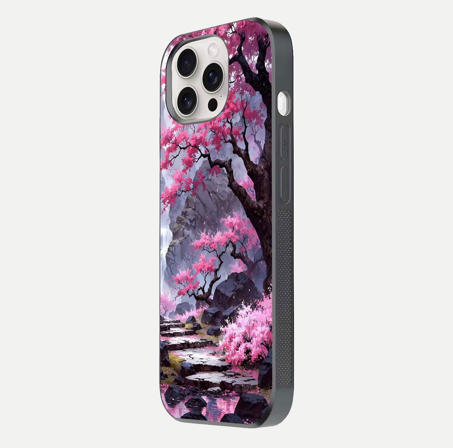 Pinkish Scenery Glass Case for iPhone 15 Pro Max side-angle image showing depth, gloss, and scenic details