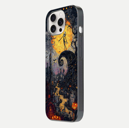 Pumpkin Moon Night Glass Case for iPhone 15 Pro Max side-angle image showing reflection depth and pumpkin pattern