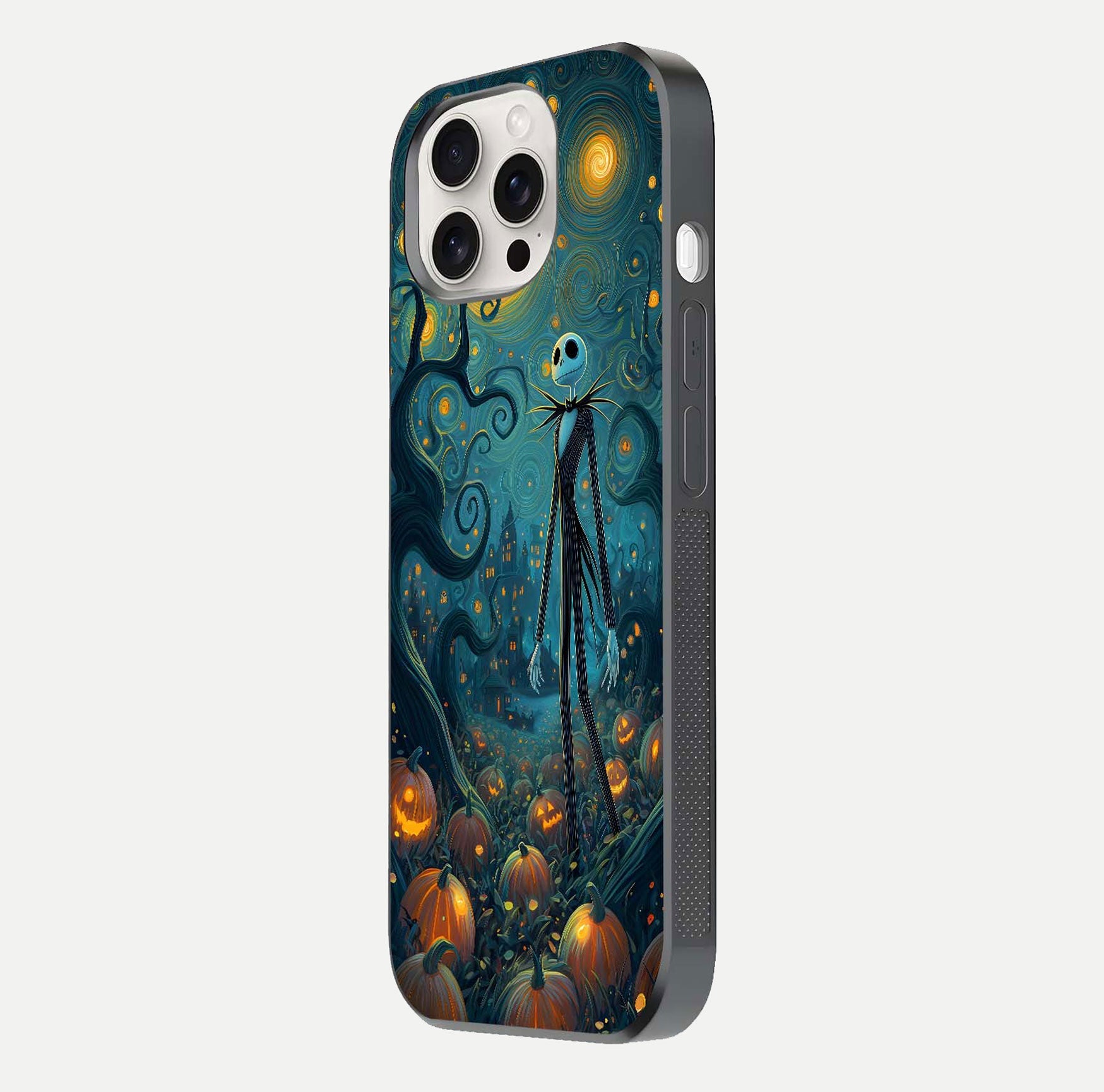 Pumpkin Moonlight Tale Glass Case for iPhone 15 Pro Max side-angle image showing glow texture and Halloween vibe