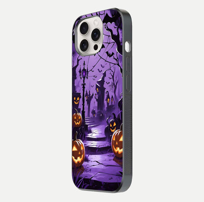 Pumpkin Patch Halloween Glass Case for iPhone 15 Pro Max side-angle image showing shine, camera cutout, and spooky art