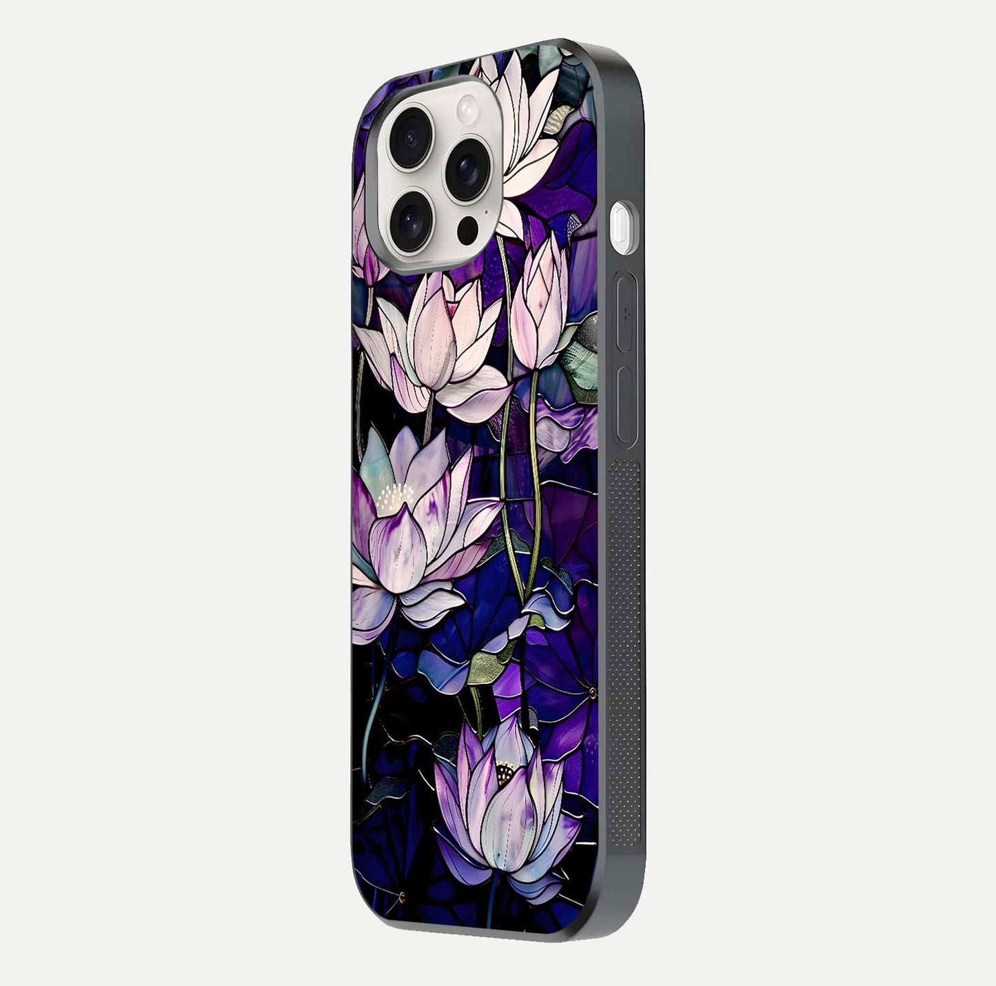 Purple Lotus Pattern Glass Case for iPhone 15 Pro Max side-angle image showing reflection depth and lotus detail