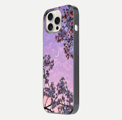 Purple Serenity Moon Glass Case for iPhone 15 Pro Max side-angle image showing reflection and lunar art precision