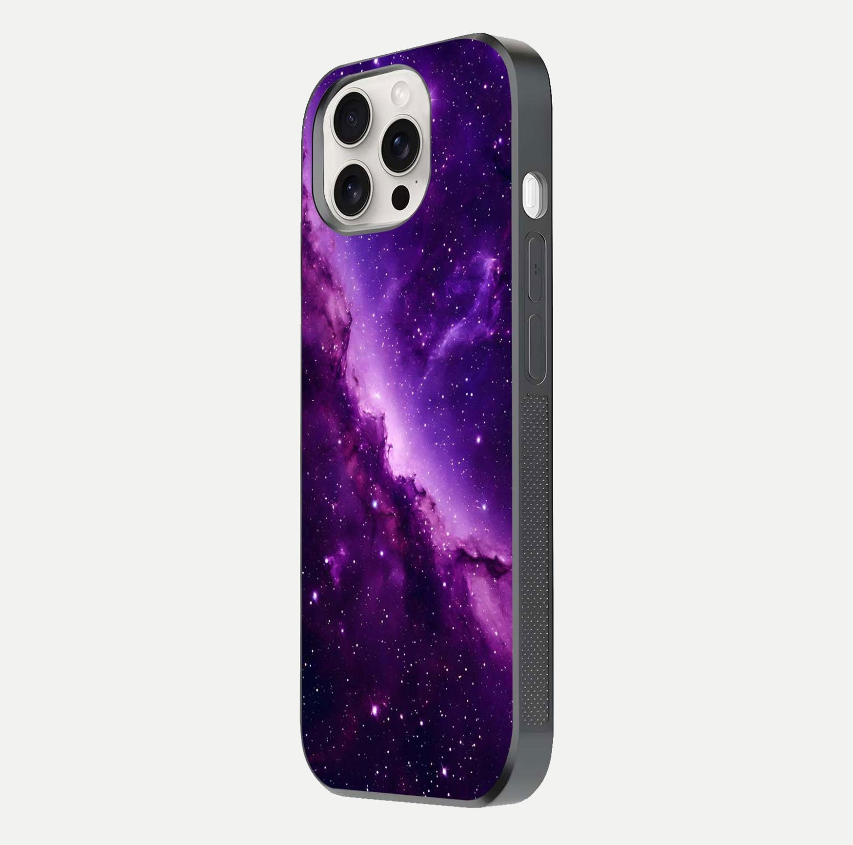 Purple Shade Sky Glass Case for iPhone 15 Pro Max side-angle image showing shine and soft violet blend