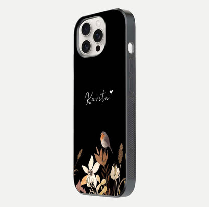 Quiet Garden Tune Custom Name Glass Case for iPhone 15 Pro Max side-angle image showing reflection and floral design
