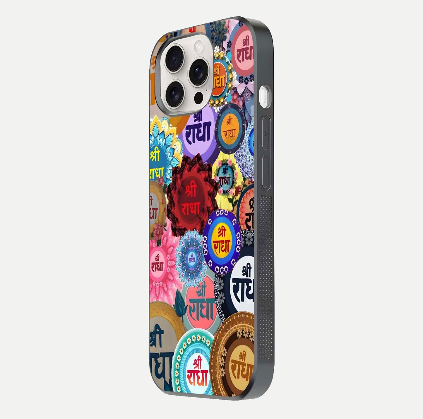 Radha Divine Bloom Glass Case for iPhone 15 Pro Max side-angle image showing shine, reflection, and floral motif