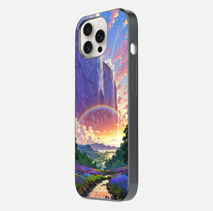 Rainbow Valley Dream Glass Case for iPhone 15 Pro Max side-angle image showing light reflection and scenic tones