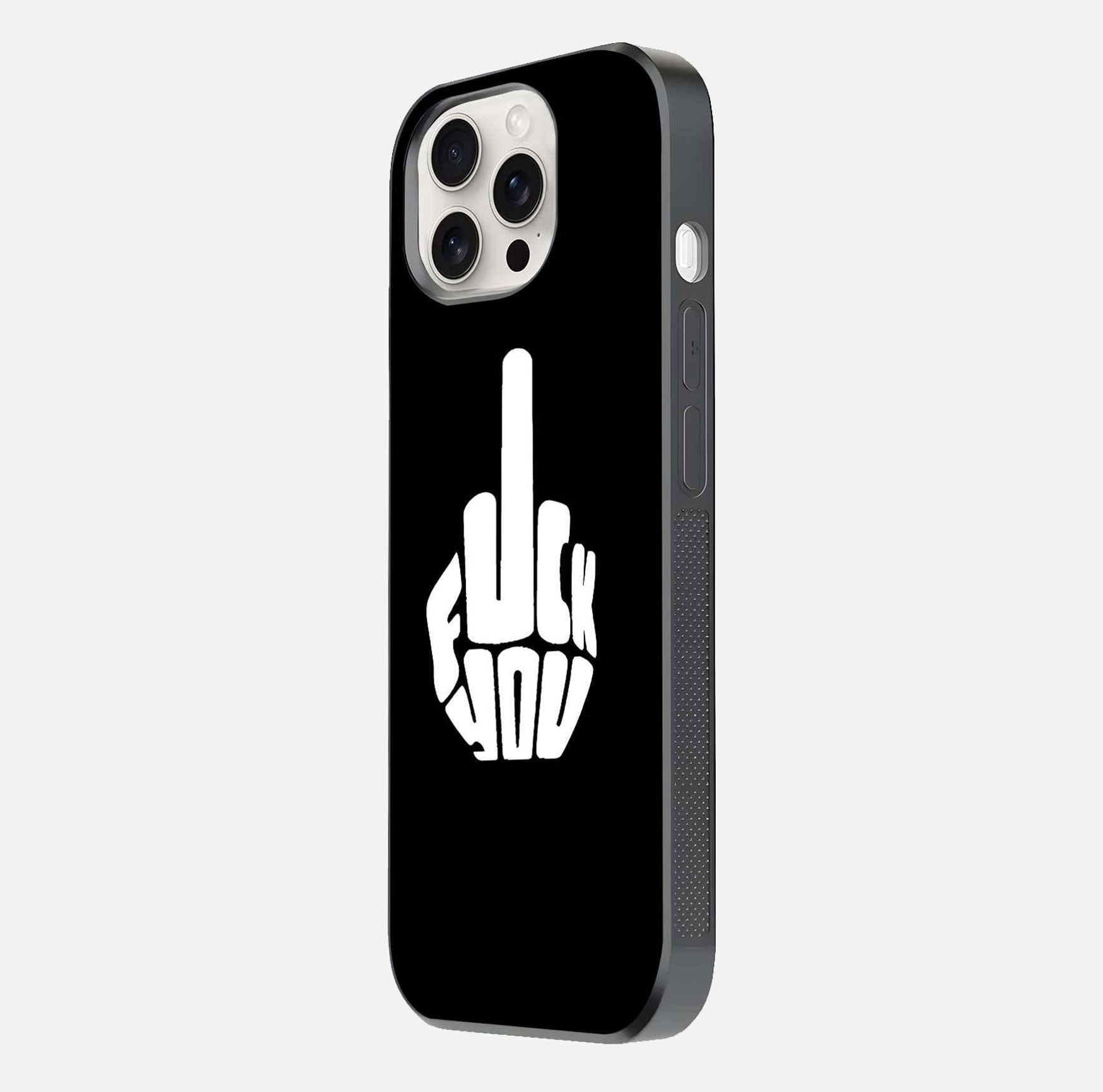 Rebel Mode On Glass Case for iPhone 15 Pro Max side-angle image showing reflection, edge detail, and text clarity