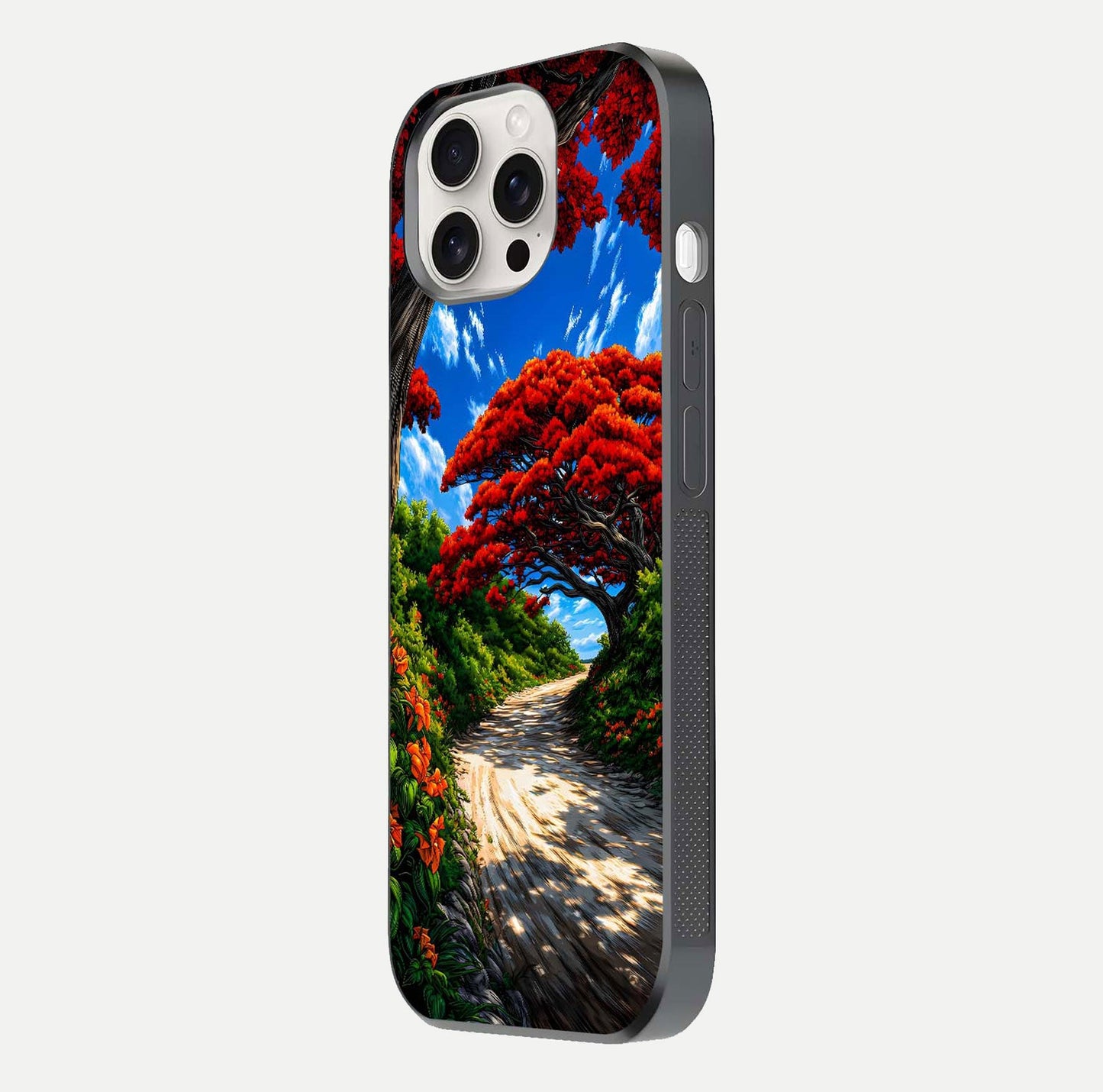 Red Trees Pathway Glass Case for iPhone 15 Pro Max side-angle image showing reflection and autumn vibe