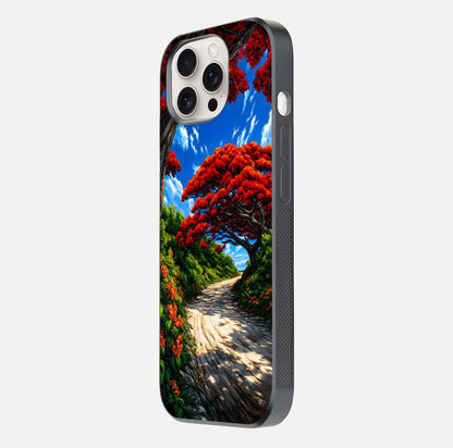 Red Trees Pathway Glass Case for iPhone 15 Pro Max side-angle image showing reflection and autumn vibe