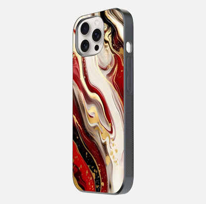 Red & White Marble Glass Case for iPhone 15 Pro Max side-angle image showing shine and smooth marble finish