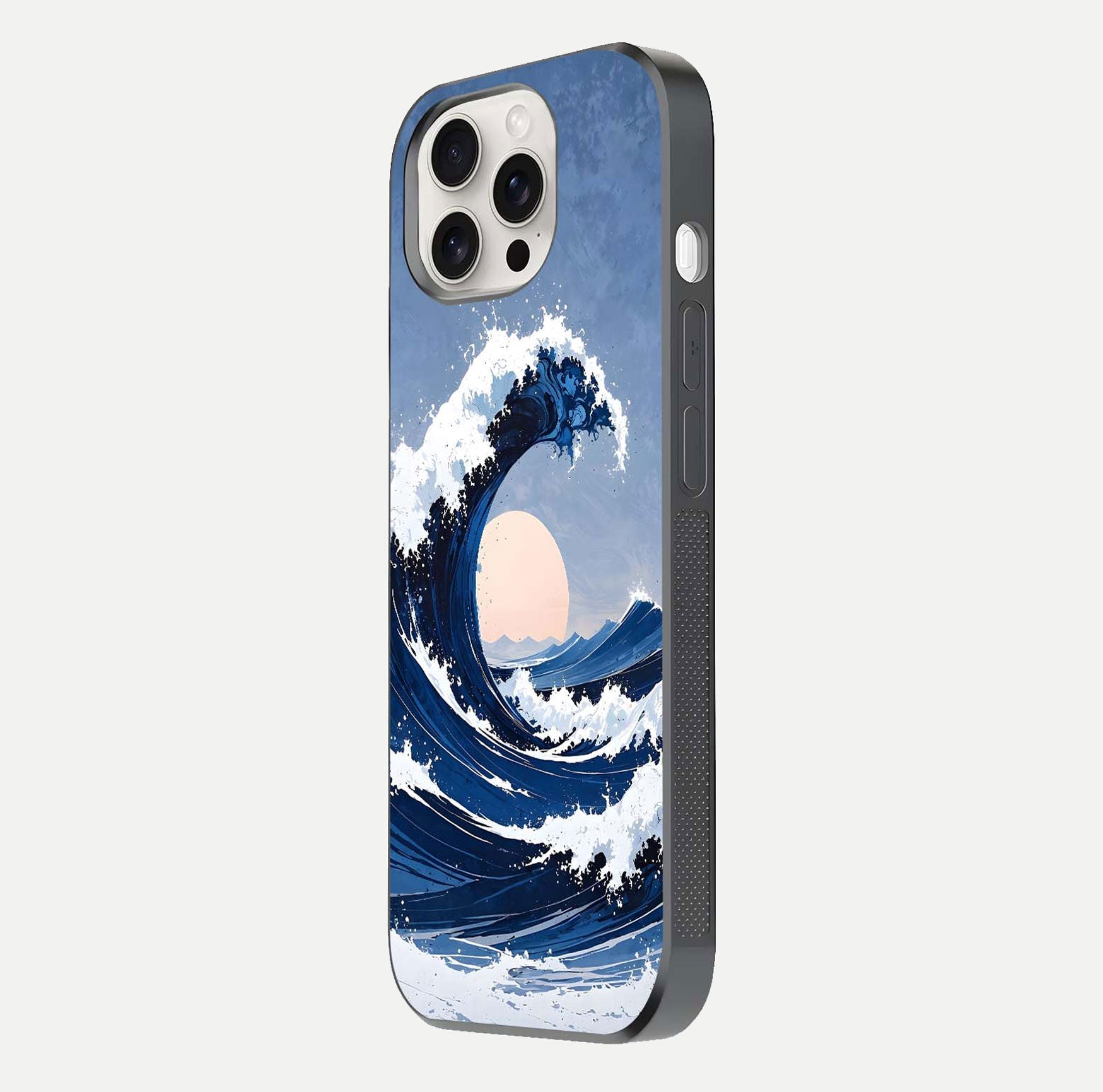Rising Tide Power Glass Case for iPhone 15 Pro Max side-angle image showing shine and detailed ocean art